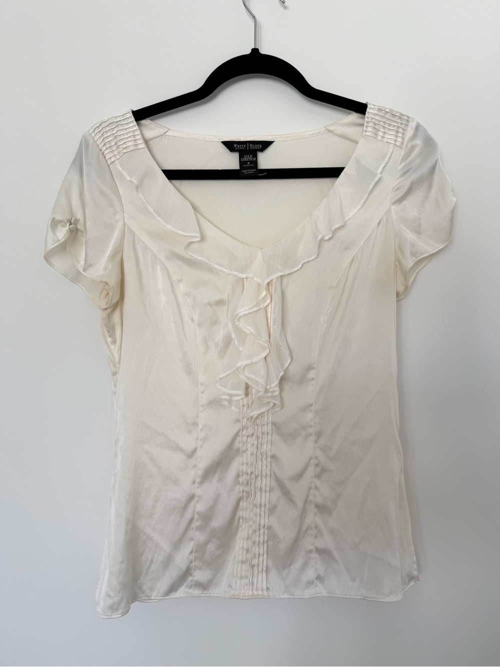 Y2K White House Black Market Cream Ruffle-Front V-Neck Silk Blouse